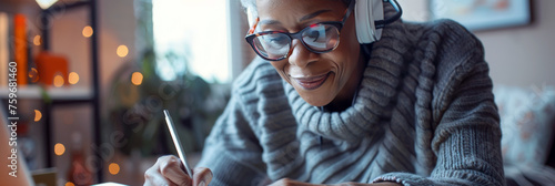 Elderly african american woman freelancer with headphone, hands holding stylus pen and working on digital tablet pc at home. Portrait of senior woman writing making notes on tablet computer 