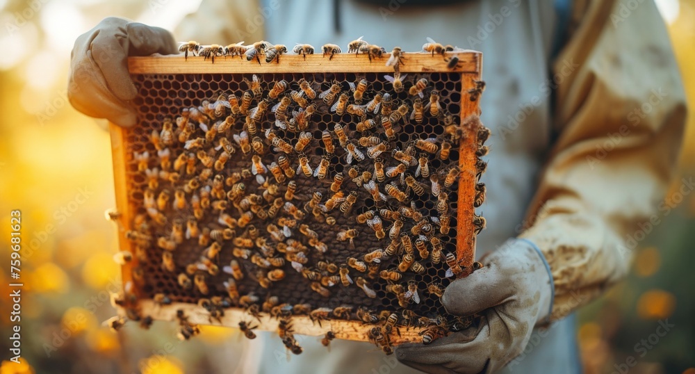 Beekeeper holding honeycomb in hands in field of colorful flowers on sunny day Beekeeper holding honeycomb in hands in field of colorful flowers on sunny day