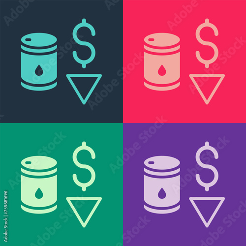 Pop art Drop in crude oil price icon isolated on color background. Oil industry crisis concept. Vector