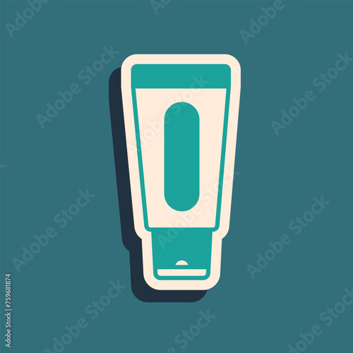 Green Tube of hand cream icon isolated on green background. Long shadow style. Vector