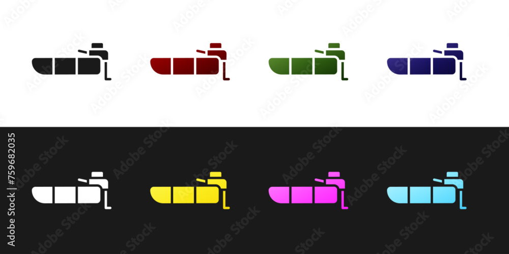 Set Inflatable boat with outboard motor icon isolated on black and white background. Vector