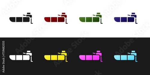 Set Inflatable boat with outboard motor icon isolated on black and white background. Vector