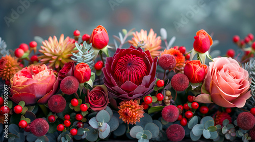 Beautiful bouquet of red and pink flowers on a dark background