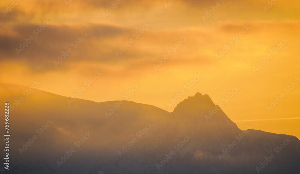 Mountain landscape.. View of the Tatra Mountains (Giewont Peak) from the Spisz. Lapszanka. Poland. - obrazy, fototapety, plakaty 