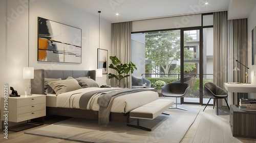 Modern style large bedroom with a floating bed frame and a study area furnished with a minimalist desk and a task lamp for focused work