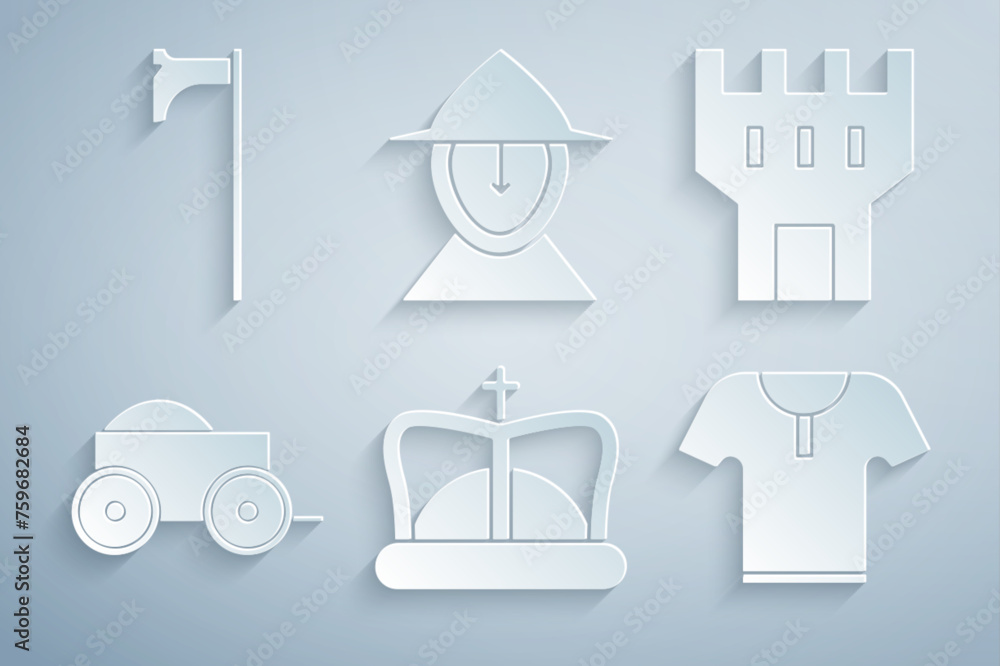 Set King crown, Castle tower, Wooden four-wheel cart, Body armor, Medieval iron helmet and axe icon. Vector - obrazy, fototapety, plakaty 