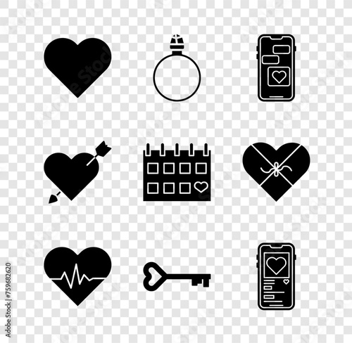 Set Heart, Diamond engagement ring, Mobile with heart, rate, Key shape, Amour and arrow and Calendar icon. Vector
