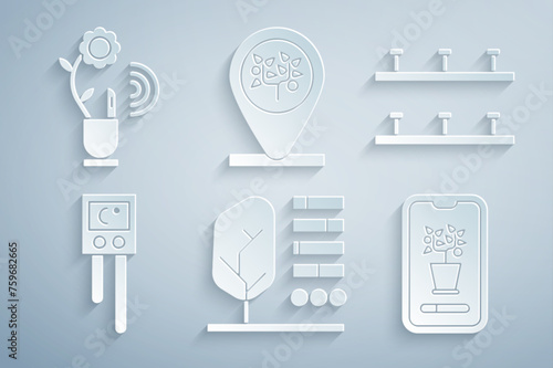 Set Plant status, Automatic irrigation sprinklers, Temperature and humidity sensor, Smart control farming system, Location tree and technology icon. Vector