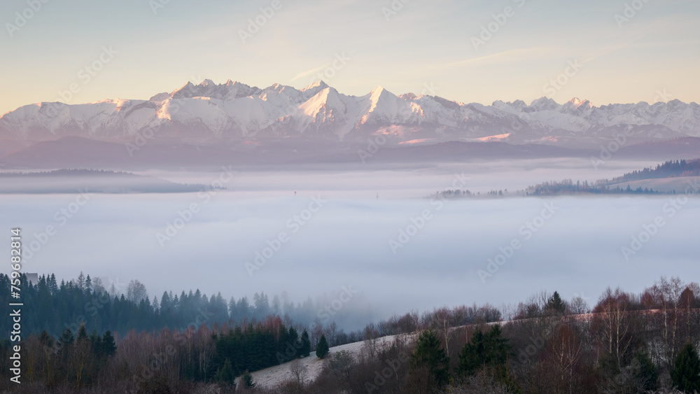 Landscape in the morning. There is fog in the valley. View of the Tatra Mountains from the Pieniny Mountain Range