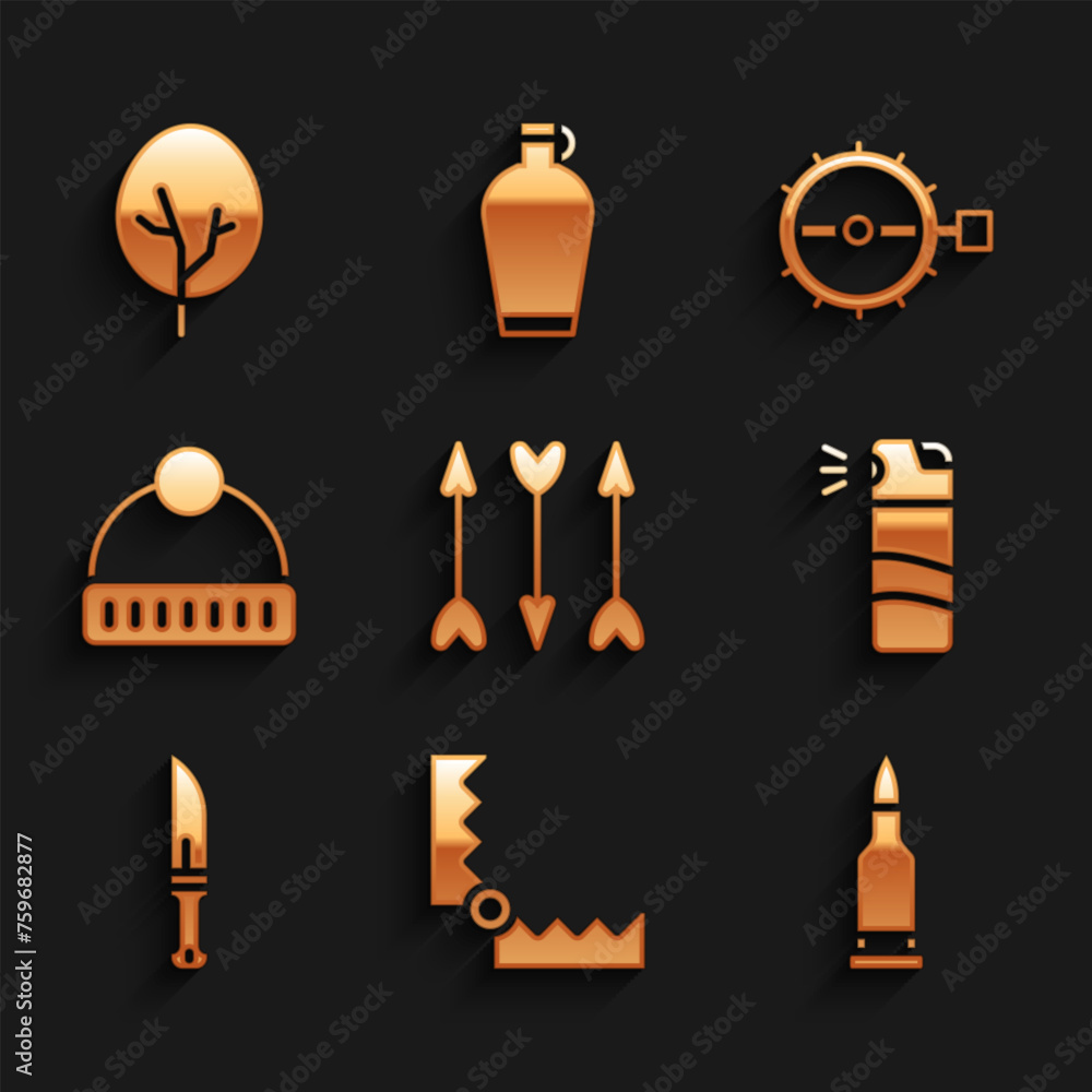 Set Hipster arrows, Trap hunting, Bullet, Pepper spray, Hunter knife, Winter hat, and Tree icon. Vector Set Hipster arrows, Trap hunting, Bullet, Pepper spray, Hunter knife, Winter hat, and Tree icon. Vector