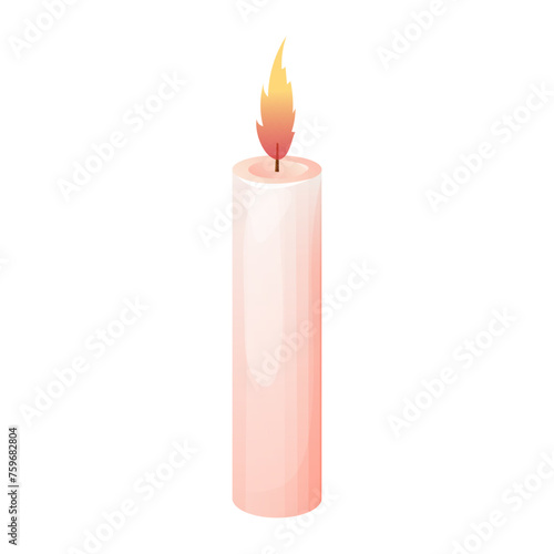 Wax candle paraffin or soy with fire, flame, tall, long and thick isolated on white background. 