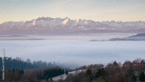 Landscape in the morning. There is fog in the valley. View of the Tatra Mountains from the Pieniny Mountain Range