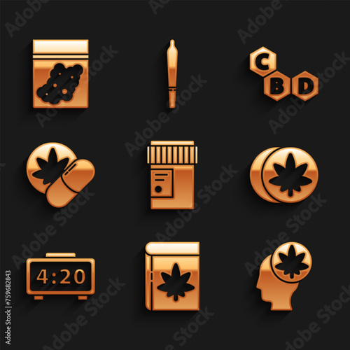 Set Medical bottle with cannabis, Book and marijuana or, Head, Herbal ecstasy tablets, Digital alarm clock, Cannabis molecule and Plastic bag of icon. Vector