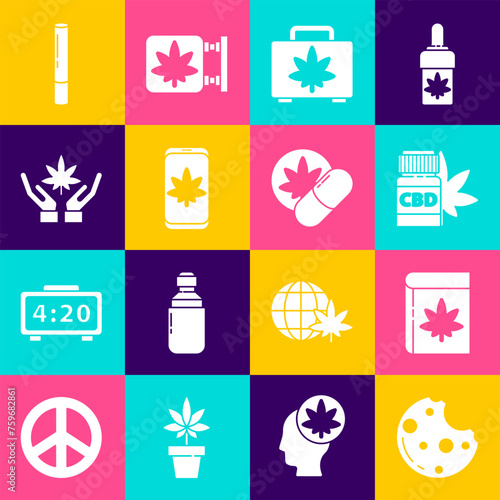 Set Cookies with marijuana, Book and or cannabis, Medical bottle, Shopping box of, Mobile, Marijuana leaf, joint and Herbal ecstasy tablets icon. Vector
