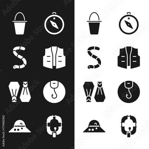 Set Fishing jacket, Worm, bucket, Compass, Rubber flippers for swimming, hook, Inflatable boat and Fisherman hat icon. Vector