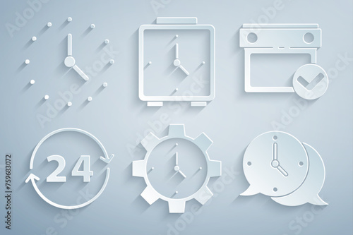 Set Time Management, Calendar with check mark, Clock 24 hours, speech bubble, Alarm clock and icon. Vector