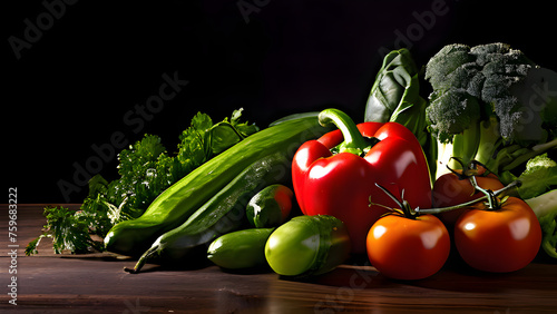 Fresh vegetables on a wooden table healthy eating nature bounty, A table full of vegetables including broccoli, peppers, and tomatoes, Generative AI