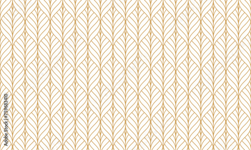 Seamless gold art deco leave pattern, luxury wave lines background for fabric, wallpaper, card, or wrapping paper. Vector illustration.