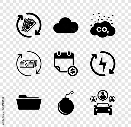 Set Refund money, Music streaming service, CO2 emissions cloud, Folder, Bomb ready to explode and Car sharing icon. Vector