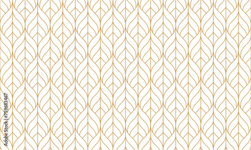 Seamless gold art deco leave pattern, luxury . repeating wave lines background for fabric, wallpaper, card, or wrapping paper. Vector illustration.