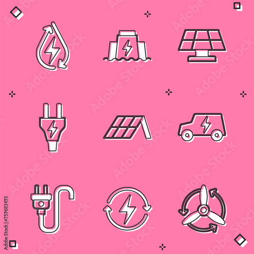 Set Water energy, Hydroelectric dam, Solar panel, Electric plug, car, and Recharging icon. Vector