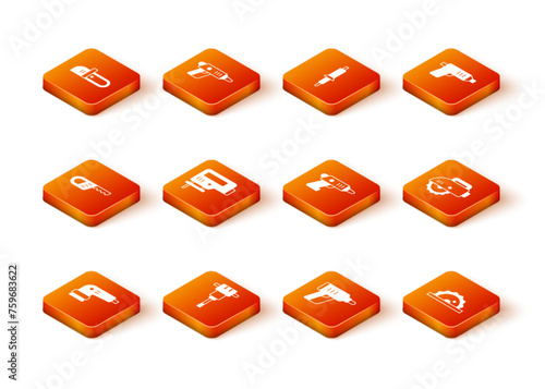 Set Electric sander, Construction jackhammer, Reciprocating saw, jigsaw, cordless screwdriver, circular and icon. Vector
