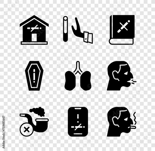 Set No smoking at home, Giving up cigarette, Book with stop, Smoking pipe smoke, Man, Death from and Lungs icon. Vector