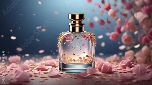 Luxurious Pink Perfume Bottle with Flowers Blooming Petals Flying Ladies Perfume,, Advertising, Still life cosmetic products with empty space for text, Generative AI