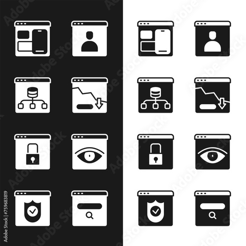 Set Financial growth decrease, Server, Data, Web developer programming code, Create account screen, Secure your site with HTTPS, SSL, Browser incognito window, Search engine and shield icon. Vector