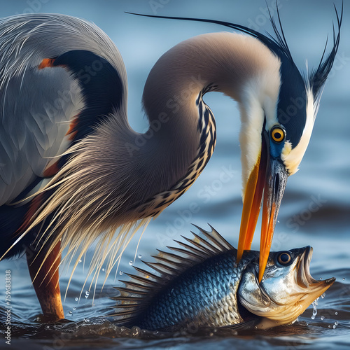 A Heron is hunting a fish in the sea. great blue heron ardea cinerea. great white pelican. great blue heron. heron with fish. Ardeidae. Goliath heron. Pelecaniformes. Aves. Leach. 