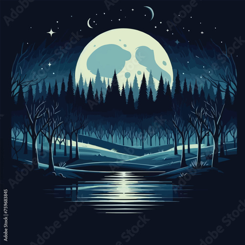 a forest scene with a moon and trees.