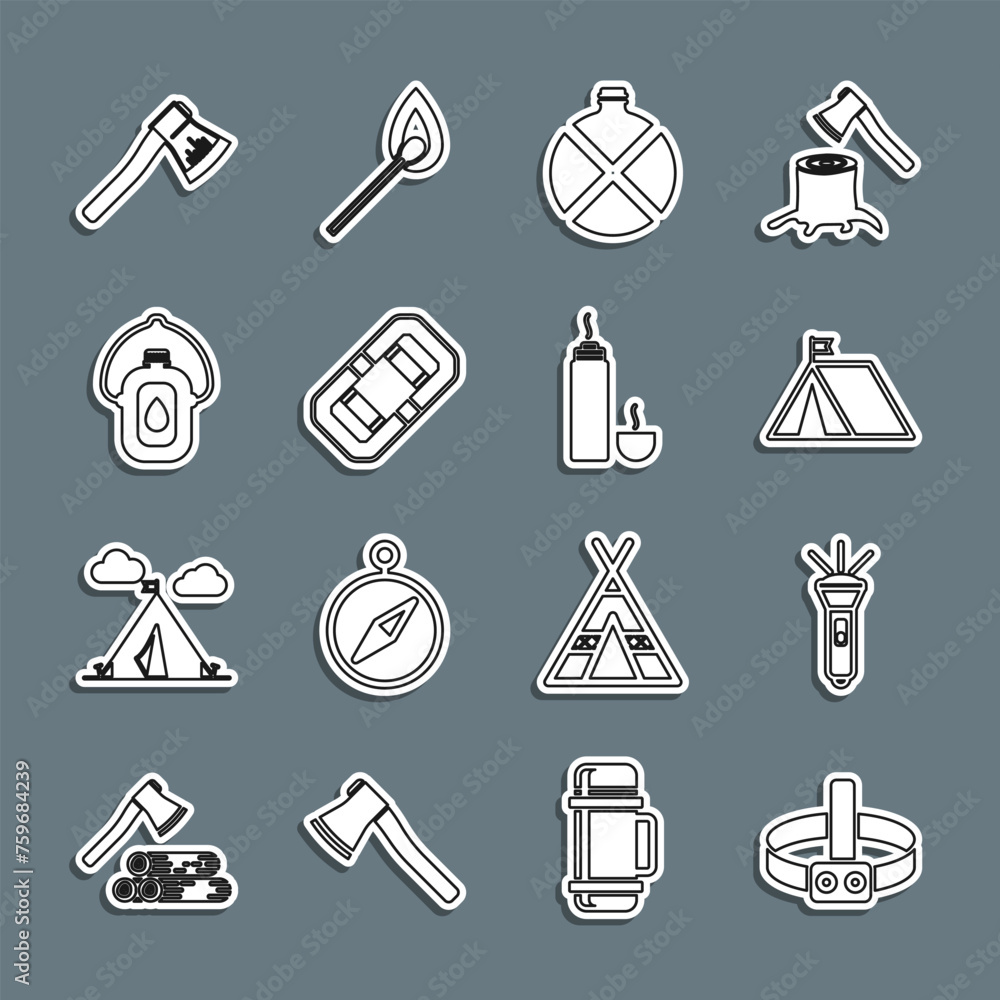 Set line Head flashlight, Flashlight, Tourist tent with flag, Canteen water bottle, Rafting boat, Wooden axe and Thermos container icon. Vector Set line Head flashlight, Flashlight, Tourist tent with flag, Canteen water bottle, Rafting boat, Wooden axe and Thermos container icon. Vector