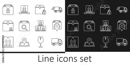 Set line Delivery cargo truck vehicle, Location with cardboard box, Locked package, Search, Cardboard traffic, and boxes pallet icon. Vector