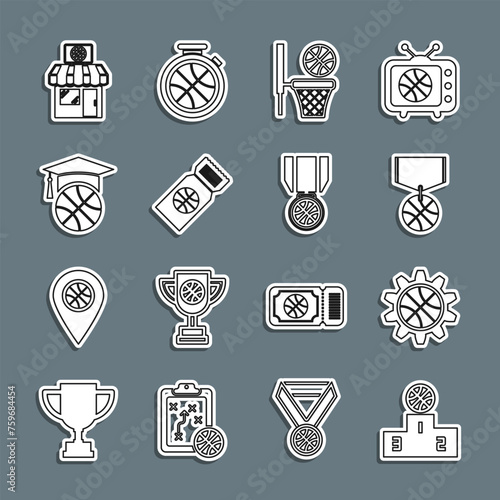 Set line Sports winner podium, Planning strategy concept, Basketball medal, and basket, game ticket, training, shop basketball and icon. Vector