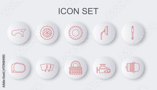 Set line Electric engine, Car mirror, tire, fender, wheel, Windscreen wiper and icon. Vector