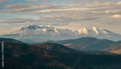 Mountain Landscape in the morning. View of the Tatra Mountains from the Pieniny Mountain Range. Slovakia.