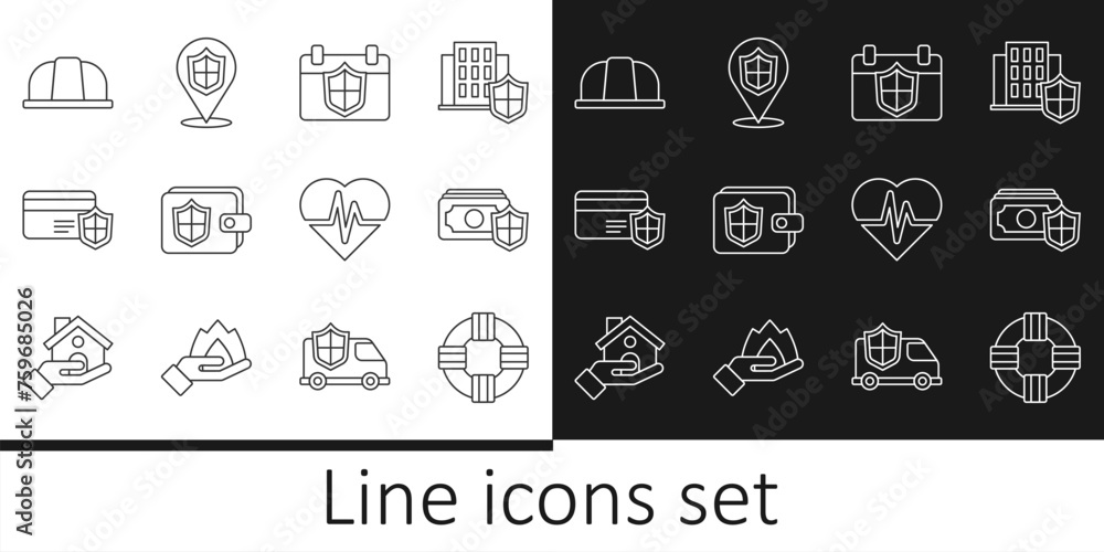 Set line Lifebuoy, Money with shield, Calendar, Wallet, Credit card, Worker safety helmet, Health insurance and Location icon. Vector Set line Lifebuoy, Money with shield, Calendar, Wallet, Credit card, Worker safety helmet, Health insurance and Location icon. Vector