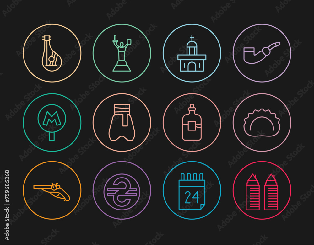 Set line Two towers in Dnipro, Dumplings, Church building, Cossack pants, Metro or Underground, Bandura, Bottle of vodka and Mother Motherland monument icon. Vector Set line Two towers in Dnipro, Dumplings, Church building, Cossack pants, Metro or Underground, Bandura, Bottle of vodka and Mother Motherland monument icon. Vector