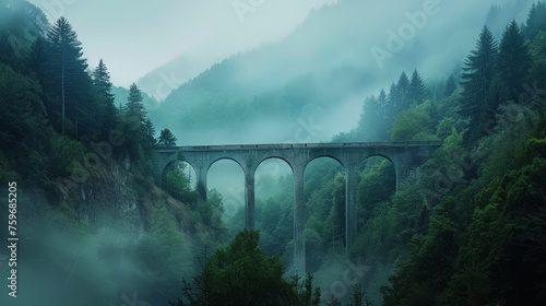 Green foggy mountains, river, very high arch retro bridge. Architecture and nature. Mystery landscape. Generative AI photo