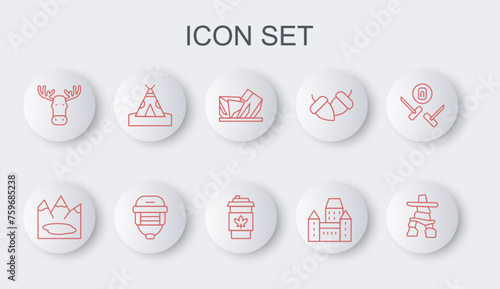 Set line Inukshuk, Canadian lake, Royal Ontario museum, Chateau Frontenac hotel, Moose head with horns, Indian teepee wigwam, Hockey helmet and Coffee cup to go icon. Vector photo