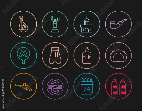Set line Two towers in Dnipro, Dumplings, Church building, Cossack pants, Metro or Underground, Bandura, Bottle of vodka and Mother Motherland monument icon. Vector