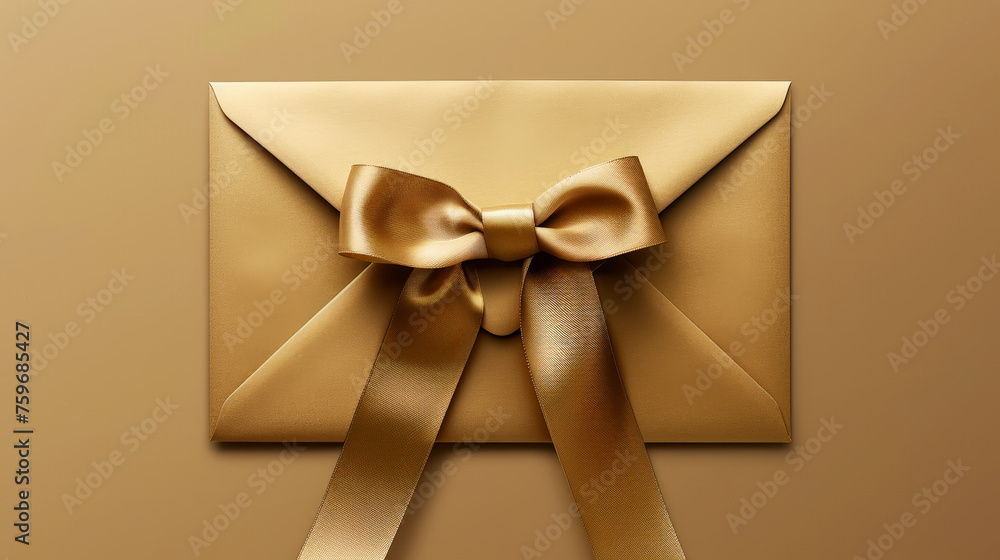 Aesthetic elegant gold beige envelope invitation with ribbon for gala event. Greeting concept. Copy space. Generative AI Aesthetic elegant gold beige envelope invitation with ribbon for gala event. Greeting concept. Copy space. Generative AI