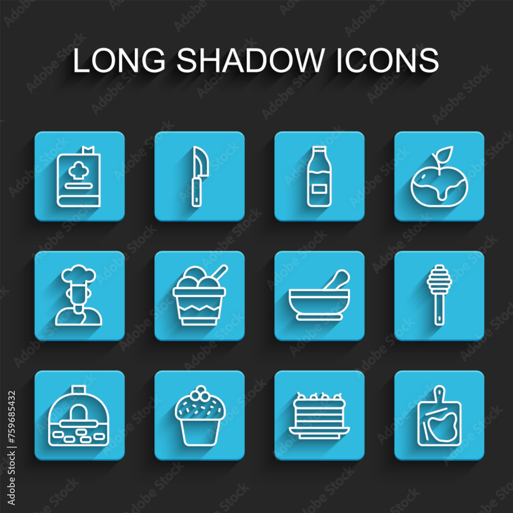 Set line Brick stove, Cake, Cookbook, Cutting board, Ice cream bowl, Honey dipper stick and Mortar and pestle icon. Vector Set line Brick stove, Cake, Cookbook, Cutting board, Ice cream bowl, Honey dipper stick and Mortar and pestle icon. Vector