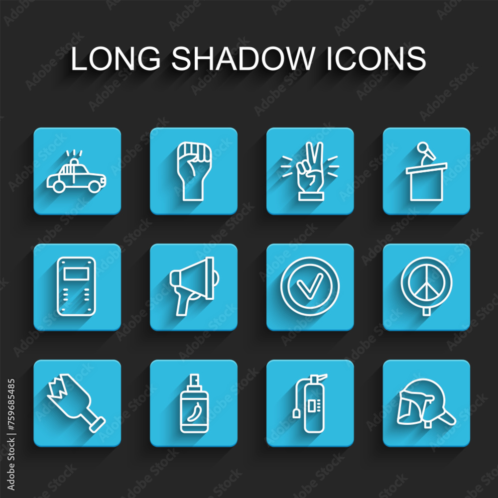 Set line Broken bottle as weapon, Pepper spray, Police car and flasher, Fire extinguisher, helmet, Megaphone, Peace and Check mark round icon. Vector Set line Broken bottle as weapon, Pepper spray, Police car and flasher, Fire extinguisher, helmet, Megaphone, Peace and Check mark round icon. Vector