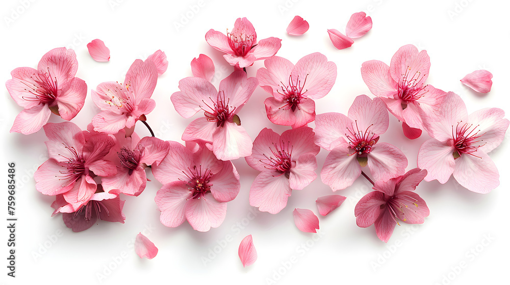Elegant cherry blossom petals isolated on a white background for design layouts. Perfect for spring-themed designs or Japanese cultural references.