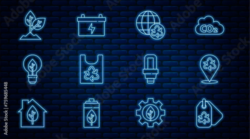 Set line Tag with recycle, Recycle, Planet earth and recycling, Plastic bag, Light bulb leaf, Plant, LED light and Car battery icon. Vector