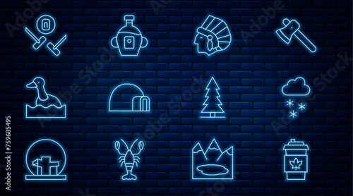 Set line Coffee cup to go, Cloud with snow, Native American Indian, Igloo ice house, Flying duck, Curling sport game, Canadian spruce and Maple syrup icon. Vector