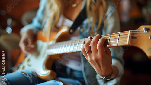 Close-up of hand of a young woman playing the electric guitar