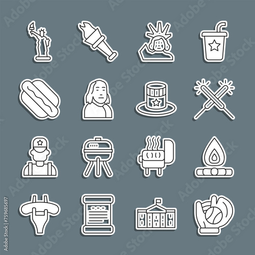 Set line Baseball glove with ball, Campfire, Sparkler firework, Statue of Liberty, Benjamin Franklin, Hotdog sandwich, and Patriotic American top hat icon. Vector