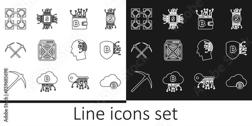 Set line Cryptocurrency cloud mining, Shield with bitcoin, wallet, ASIC Miner, Crossed pickaxe, Blockchain technology, Brain as digital circuit board and Processor chip dollar icon. Vector